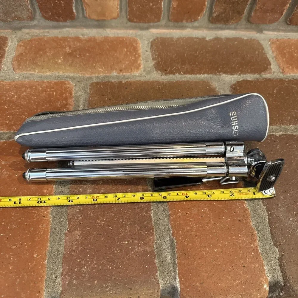 VINTAGE SUNSET CHROME CAMERA TRIPOD WITH TELESCOPING LEGS & SUNSET CASE